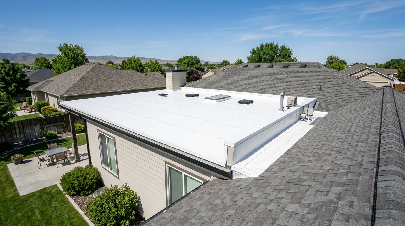 White PVC vinyl membrane roof on a flat-roof home addition in Nampa, Idaho