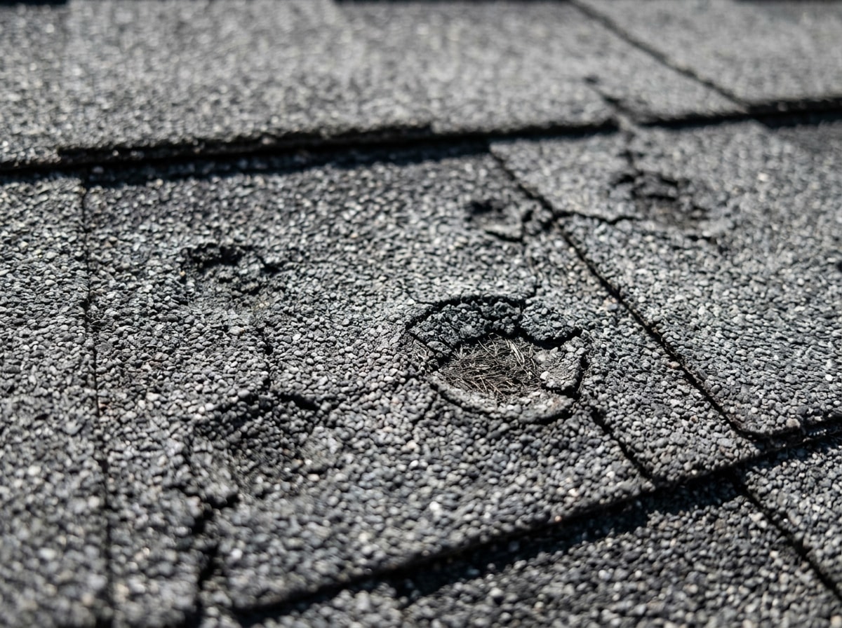 Close-up of hail-damaged asphalt shingles on a Boise roof showing cracked granules