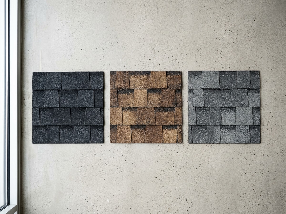 Sample board of popular asphalt shingle colors used on Boise, ID roofs