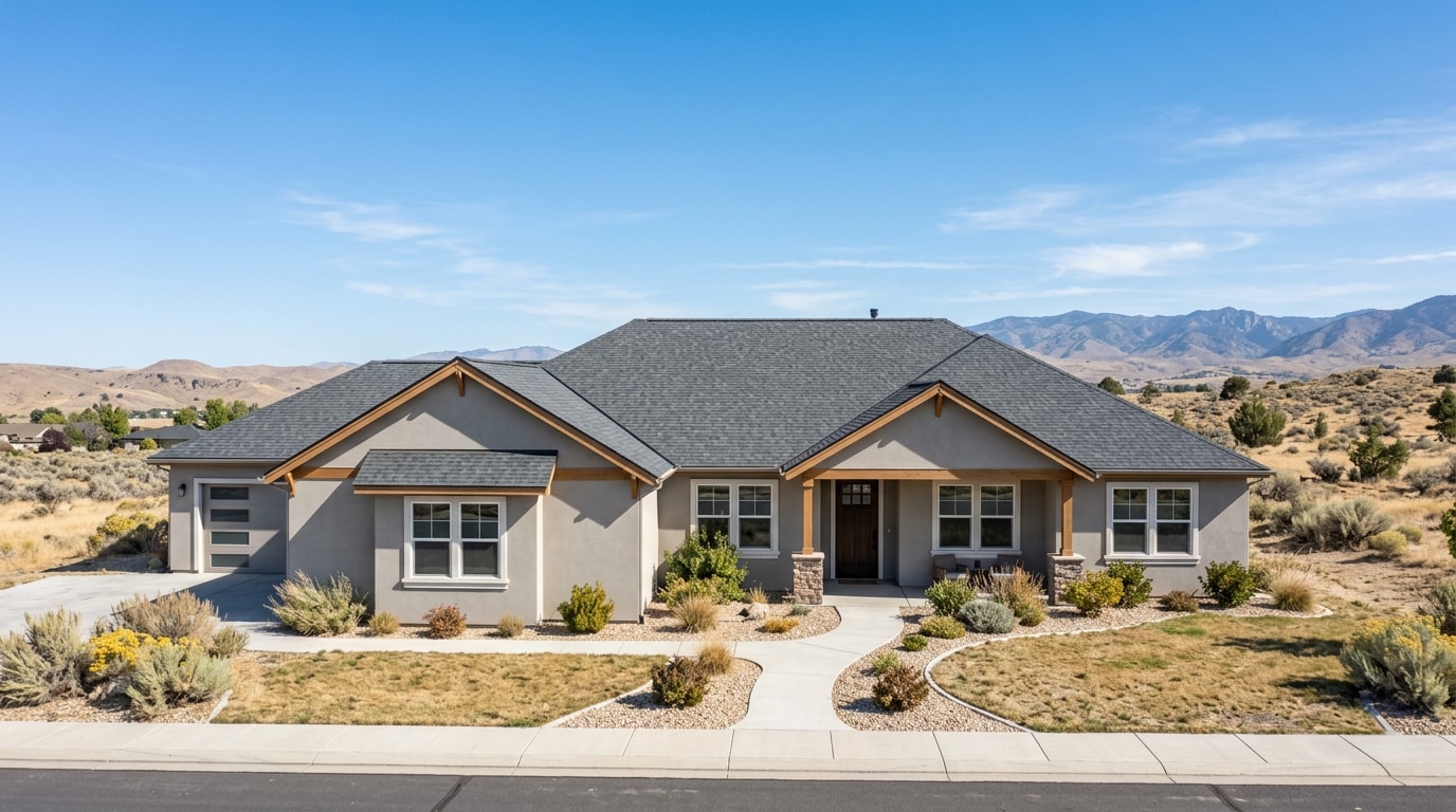 Finished asphalt shingle roof on a Boise, Idaho home with mountains in the background