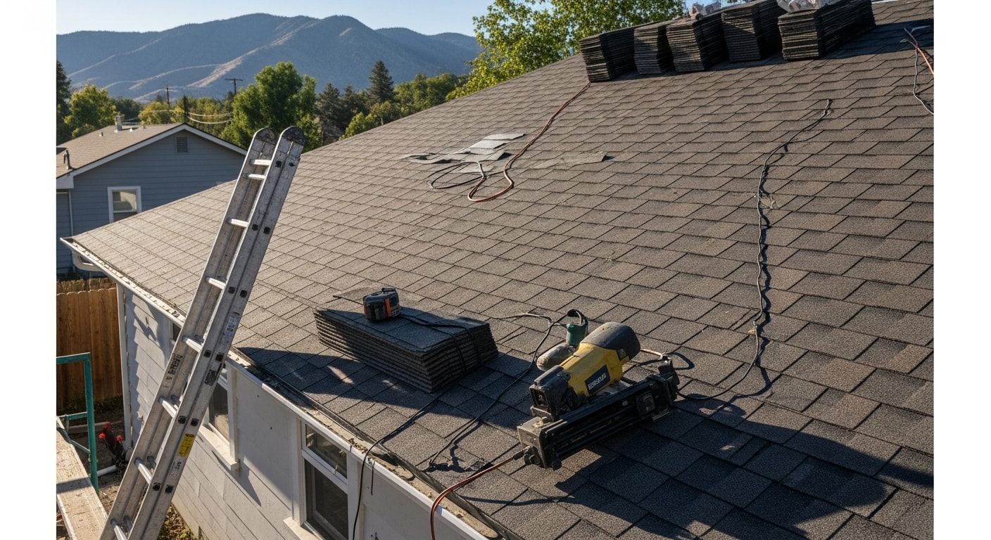 Roofer installing shingles on residential home