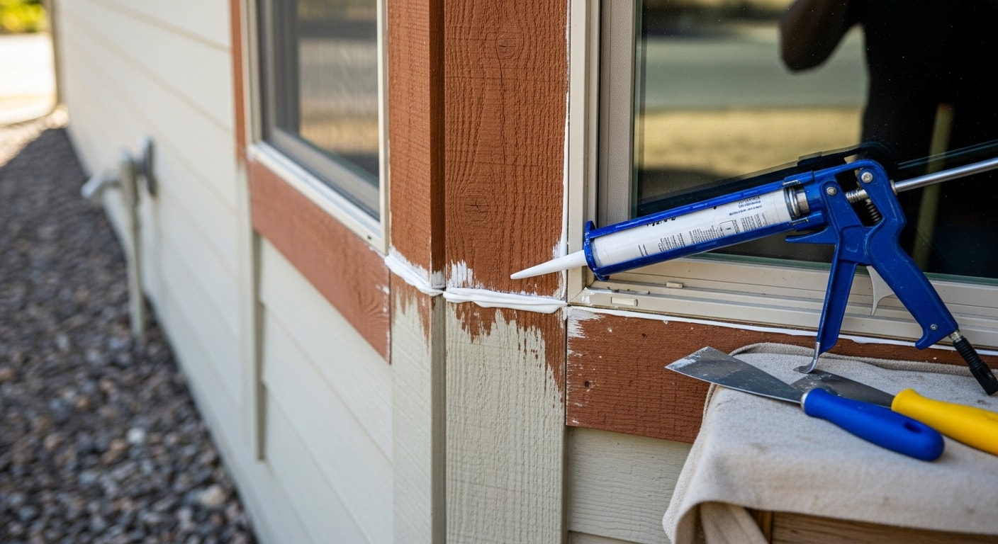A contractor applying fresh exterior sealant around a window frame on a residential home in Boise, Idaho. The surrounding trim shows clean, continuous bead lines with old cracked caulk removed prior to application.