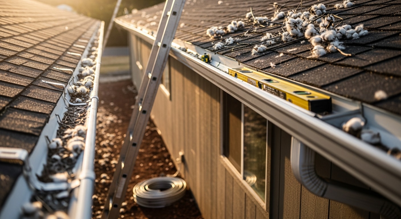 Newly installed seamless gutters running along the roofline of a single-story Boise home, with a downspout directing water away from the foundation toward a gravel drainage area. The gutters are flush against the fascia with no visible gaps or sagging.