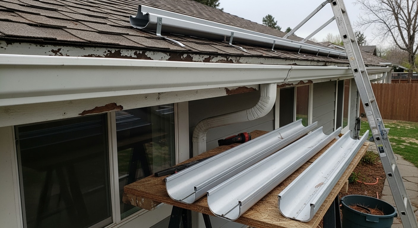 A BullsEye Exteriors crew member reattaching a sagging gutter section to the fascia of a single-story Boise home. The repaired gutter runs along a wood-trimmed roofline with a residential street visible in the background.