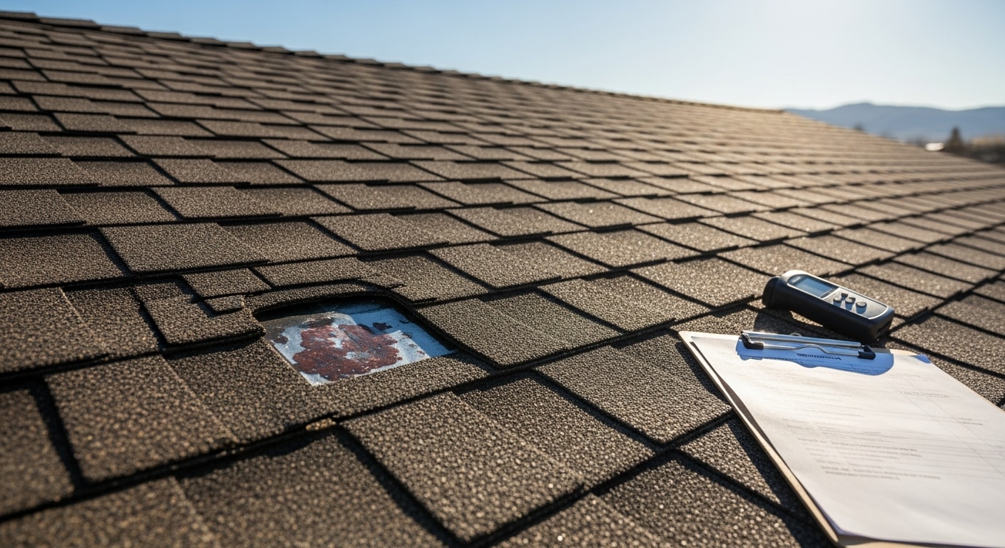 A BullsEye Exteriors roofing contractor inspecting shingles and flashing on a residential roof in Boise, Idaho. The inspector is documenting visible wear and storm damage on a pitched asphalt shingle roof against a clear Idaho sky.