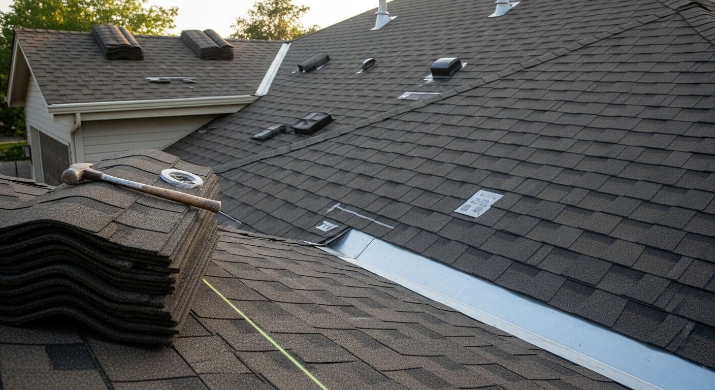 A completed residential roof installation on a single-family home in Boise, Idaho, showing clean shingle lines, finished ridge cap, and properly sealed flashing around roof transitions. The surrounding landscape reflects a typical Boise neighborhood with a clear sky overhead.