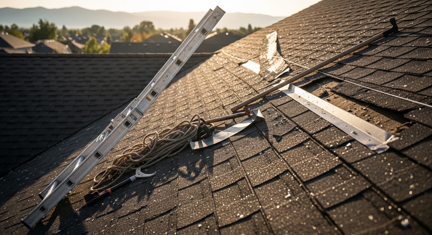 A Boise roofing contractor from BullsEye Exteriors inspecting storm-damaged asphalt shingles on a residential roof, with visible granule loss and lifted shingle edges. Close-up view of repaired flashing and sealed roof valleys on a Treasure Valley home after hail damage.