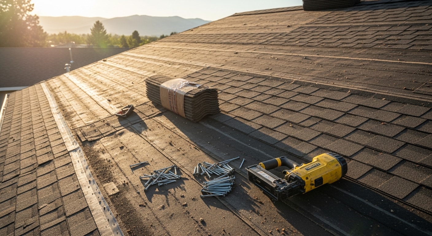 A Boise residential home with a completed roof replacement showing new composition shingles installed across the full roof deck. The finished roof includes replaced flashing at the ridgeline and eaves, set against a clear Idaho sky.