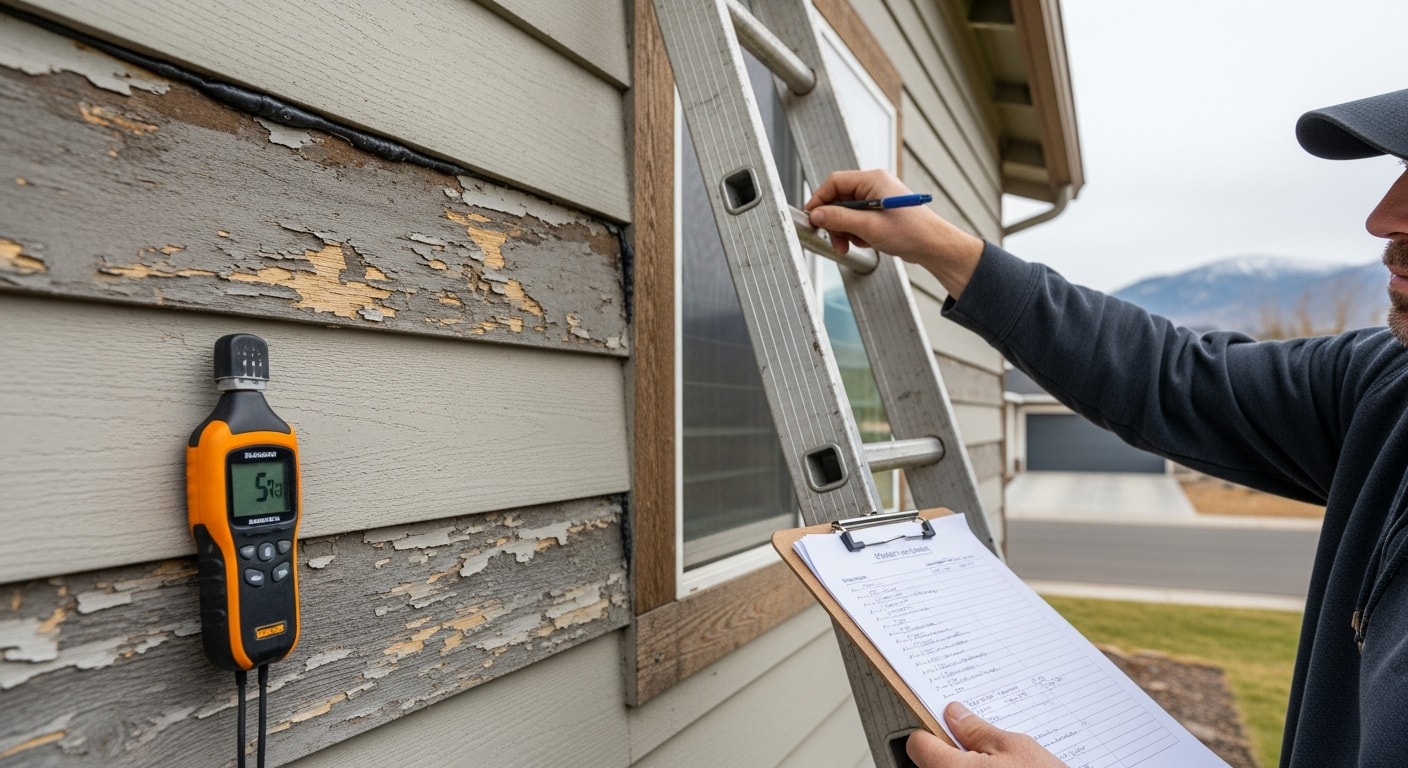 A BullsEye Exteriors contractor inspecting the siding panels and trim on a residential home in Boise, Idaho. The inspector examines flashing and panel seams for signs of moisture damage and wear.