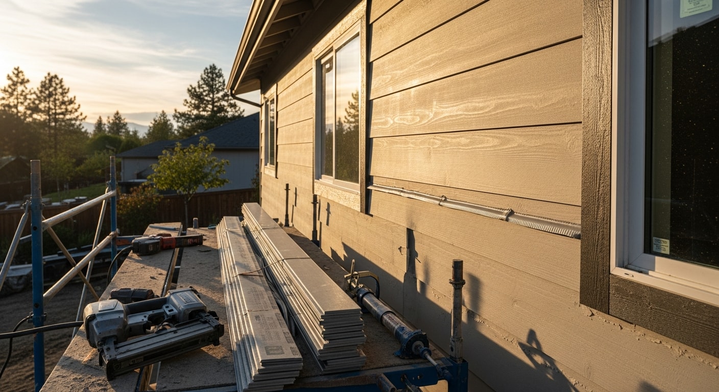 Freshly installed exterior siding on a single-story Boise home with clean trim lines and a moisture barrier visible at the corner detail. The home sits in a residential Boise neighborhood with a clear view of the updated wall panels on the south-facing elevation.