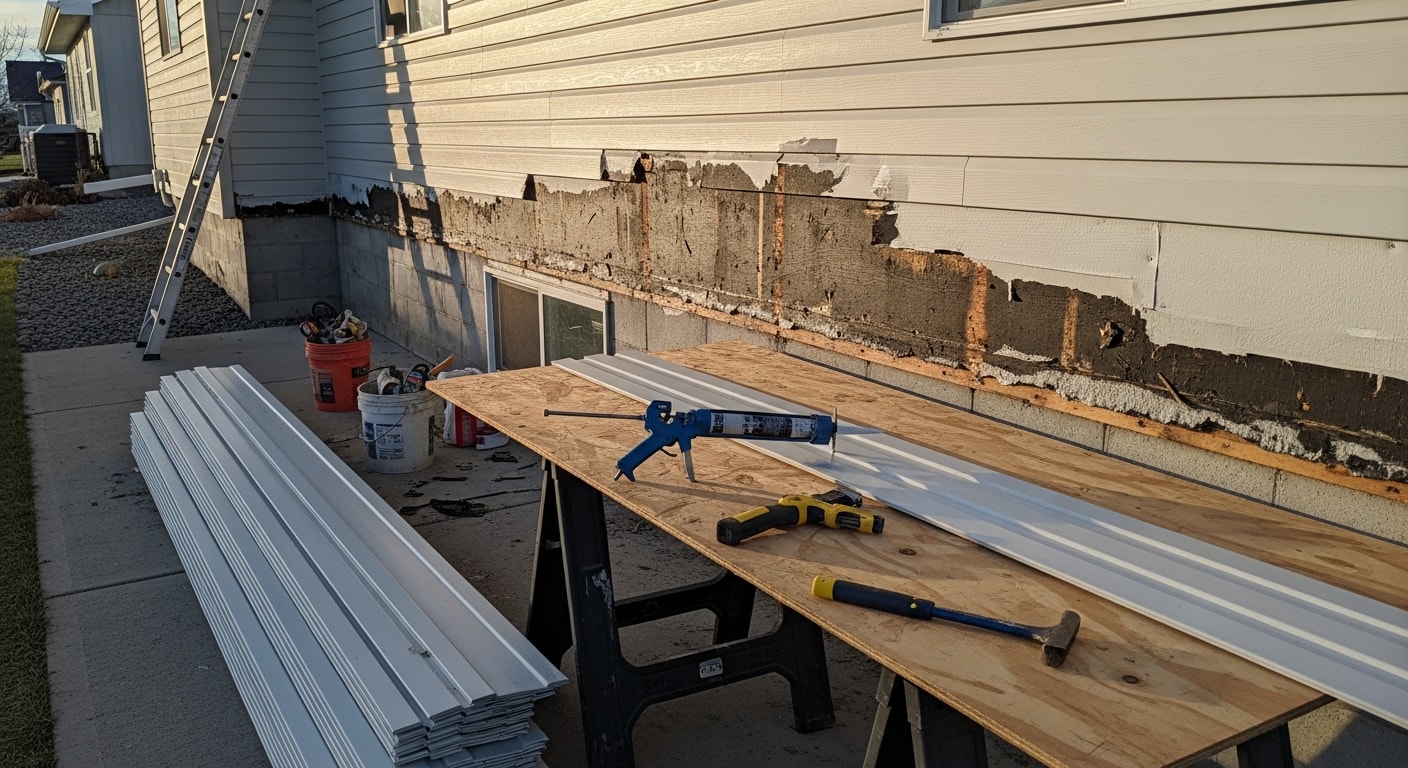 A BullsEye Exteriors crew member replacing a damaged siding panel on a single-story Boise home with a freshly repaired exterior wall section visible alongside intact original siding.
