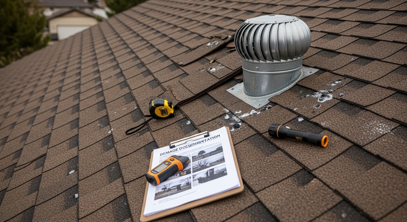 A Boise residential roof showing hail impact damage with missing shingles and granule loss on the slope. A BullsEye Exteriors roofing crew inspects and documents the storm damage from the roof surface.