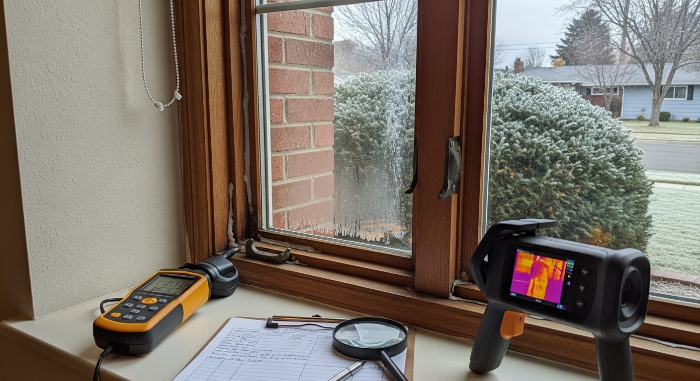 A BullsEye Exteriors technician inspecting a window frame and seal on the exterior of a Boise home. Close-up view shows the technician examining caulking and weatherstripping along the window perimeter.