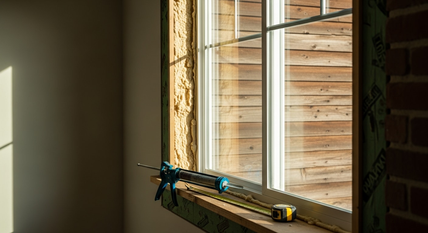 A Boise residential home exterior showing newly installed double-hung windows with clean frames and tight seals. A BullsEye Exteriors crew member inspects the finished installation from outside the home.