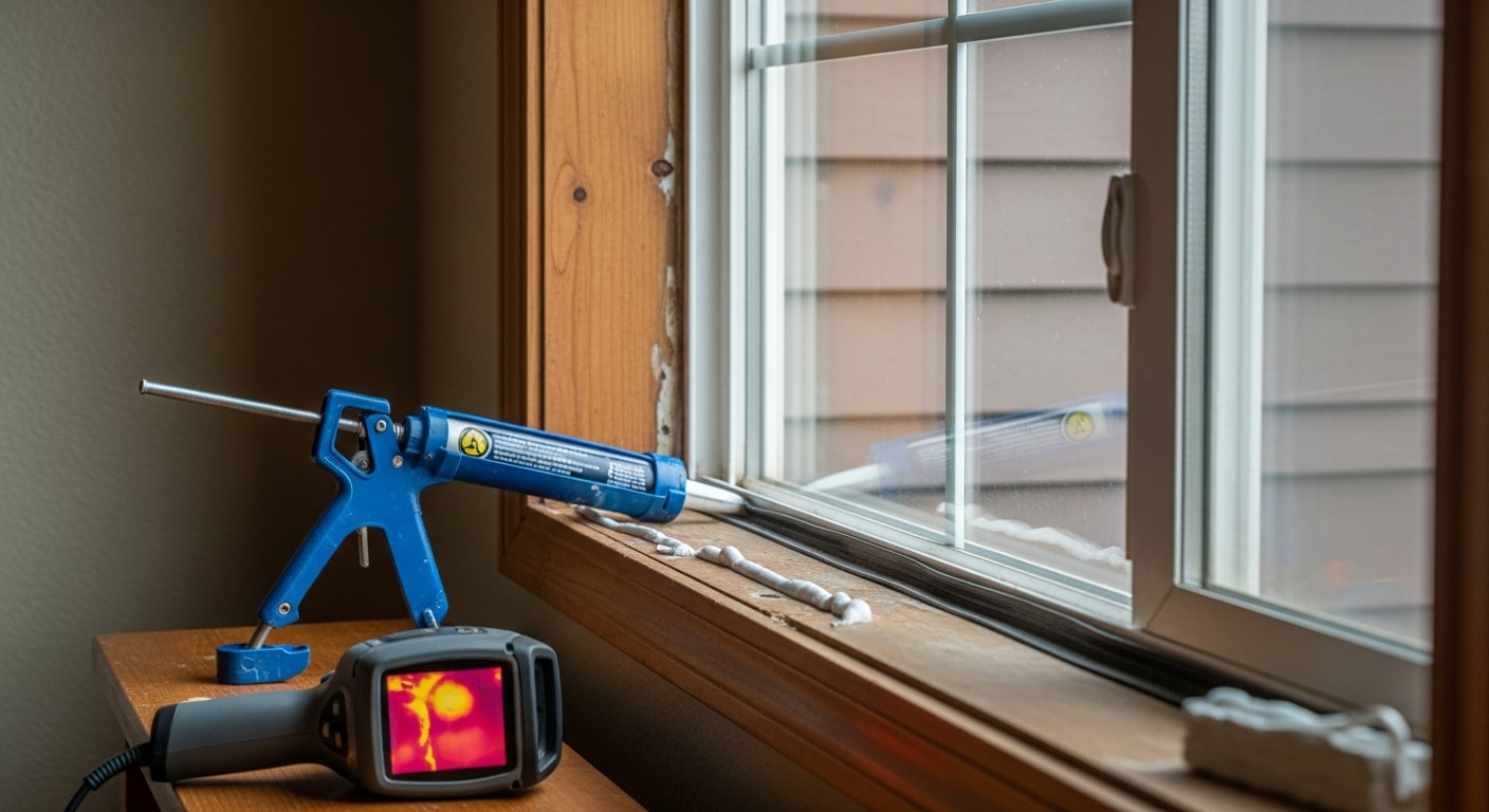A BullsEye Exteriors technician inspecting a fogged double-pane window on a single-family home in Boise, Idaho. Close-up view shows moisture trapped between glass panes with the home's exterior siding visible in the background.