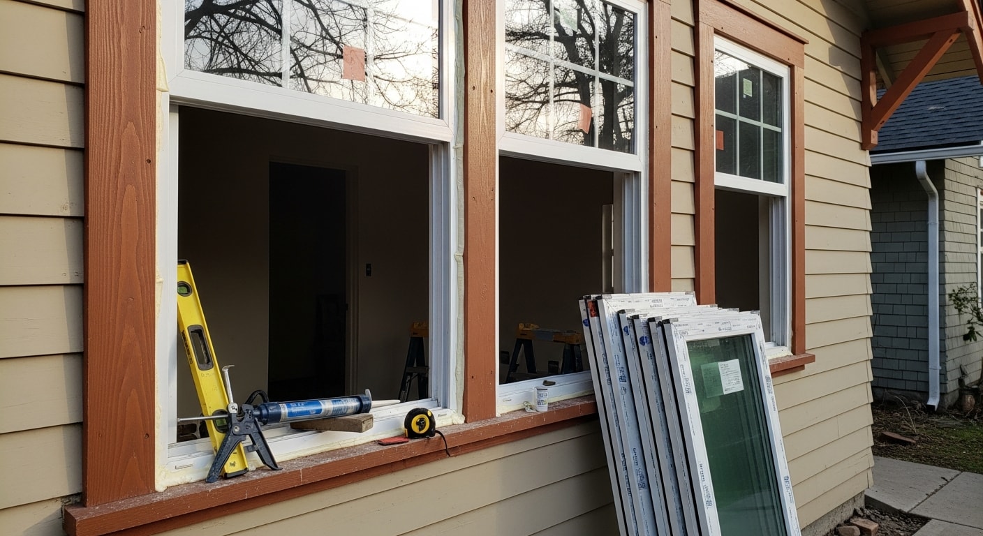 A Boise home exterior showing a newly installed double-pane replacement window with clean trim and a tight frame seal. The surrounding siding is undisturbed, reflecting a finished window replacement by BullsEye Exteriors.